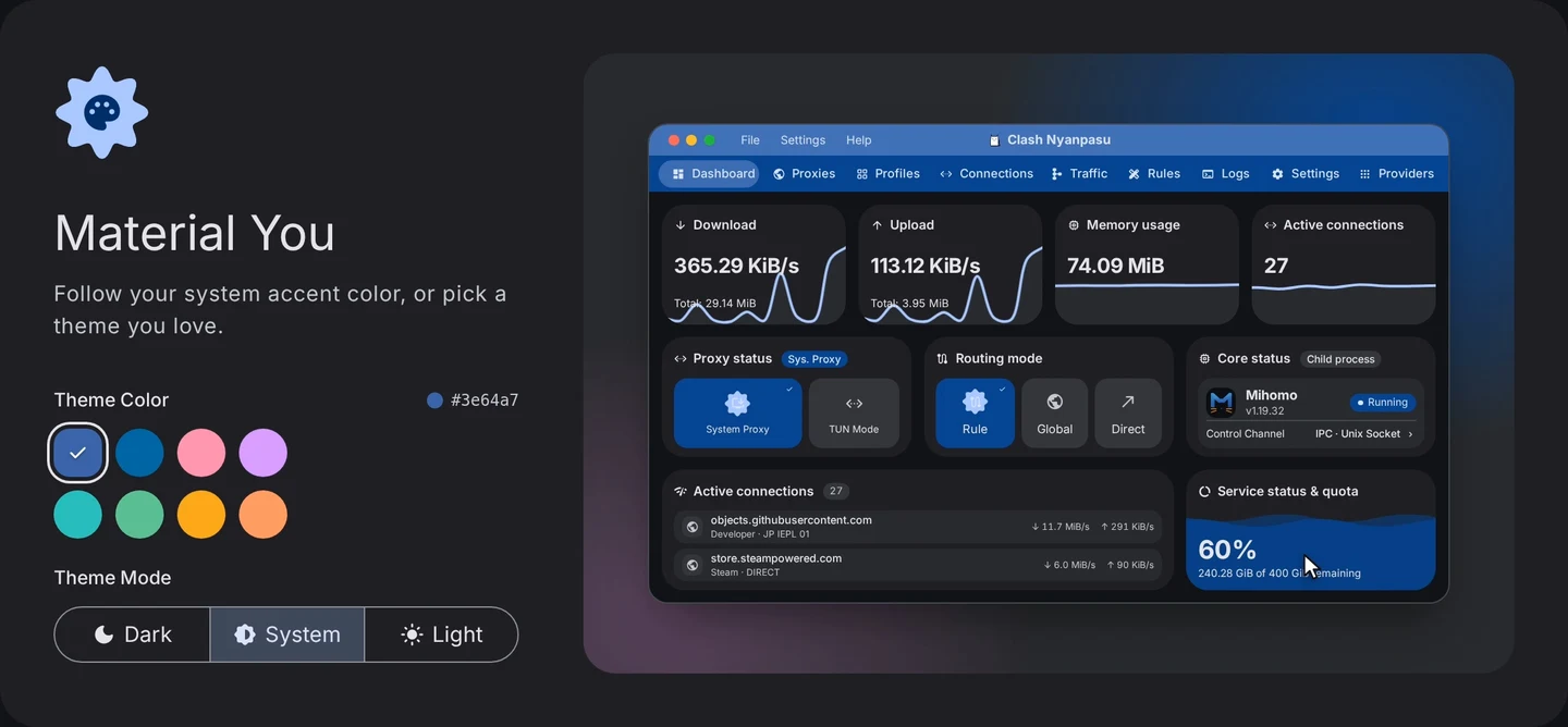 Clash Nyanpasu macOS 深色界面官方预览