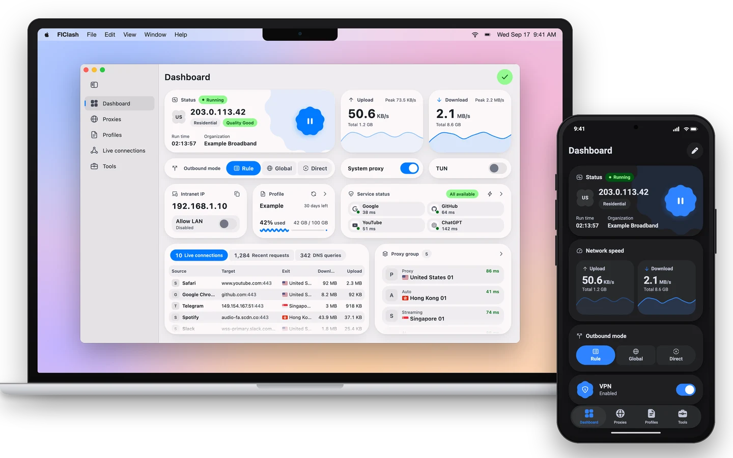 FlClash 桌面与手机官方界面预览