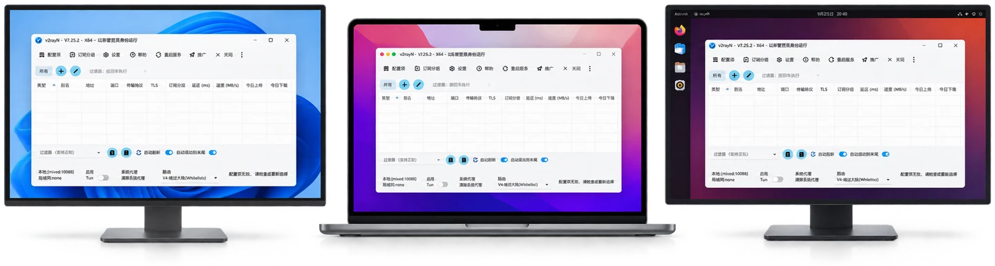 v2rayN Windows、macOS、Linux 三个平台官方界面预览