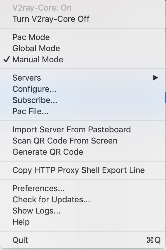 V2rayU macOS 菜单栏官方界面预览
