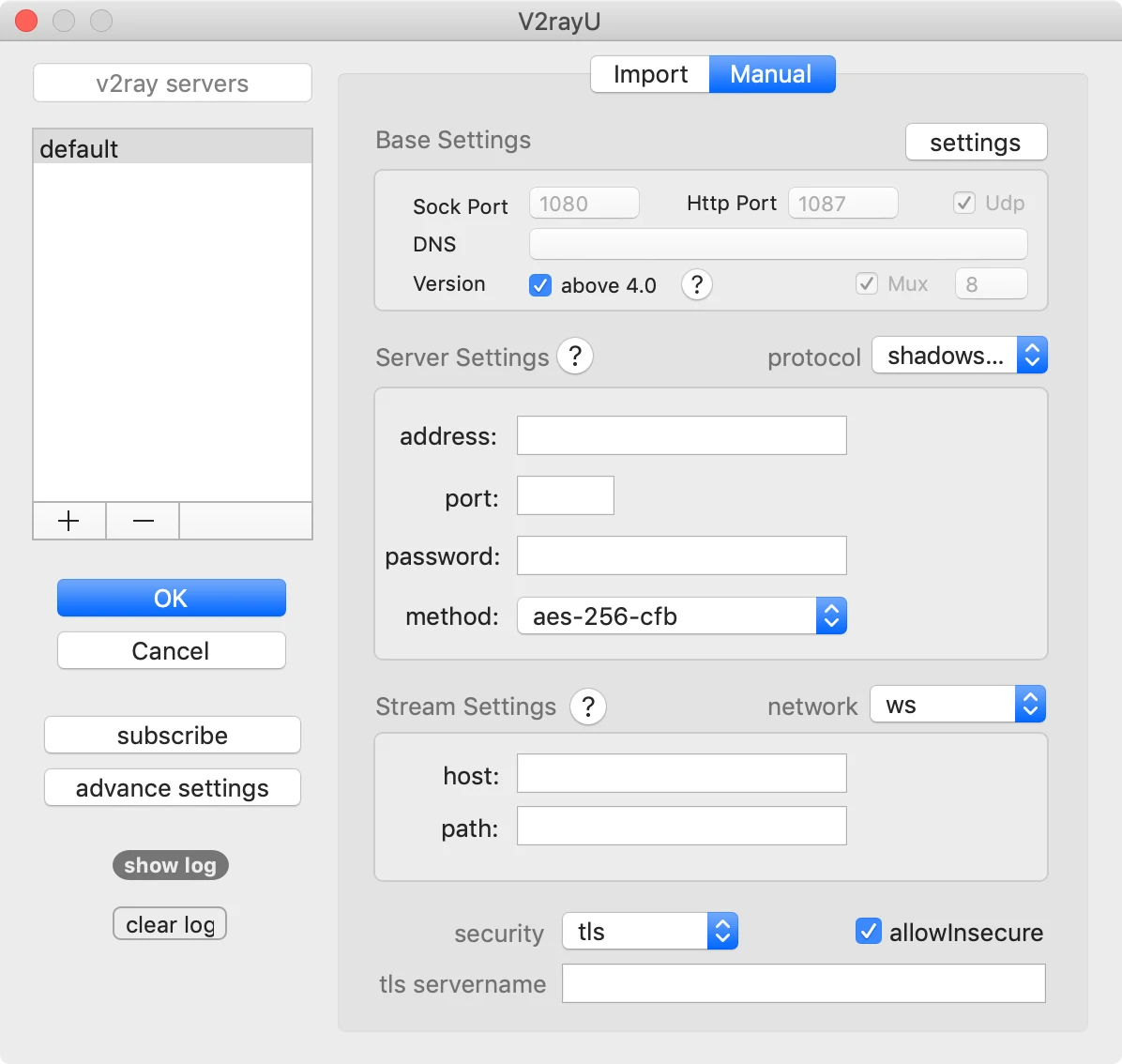 V2rayU macOS 手动配置界面官方预览